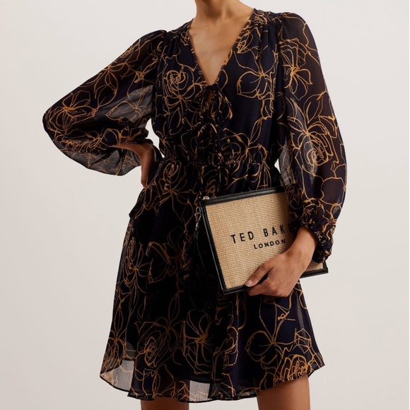 Ted Baker V Neck Printed Tie Front Mini Dress Navy - Size 1 - Picture 2 of 6